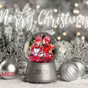 Add your photo custom silver snow globe Christmas scene